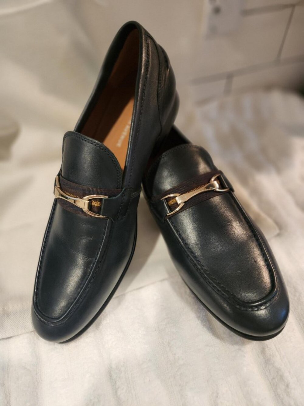 Saks Fifth Avenue Dark Navy Leather Loafers with Gold Horse-bit Bar